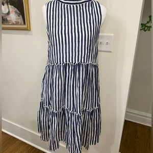 Oliphant Navy and White tiered Striped Mini Dress silk and cotton size s